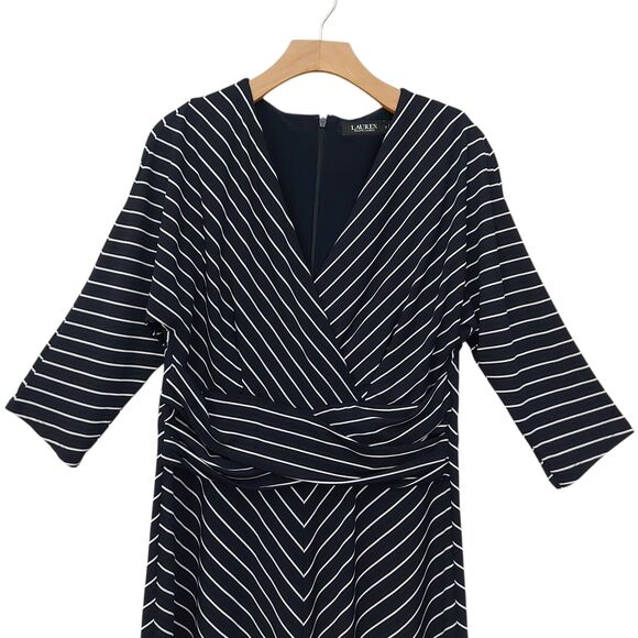 Lauren Ralph Lauren Midi Dress Womens 12 Black Chevron Stripes V-Neck Back Zip - Picture 4 of 12